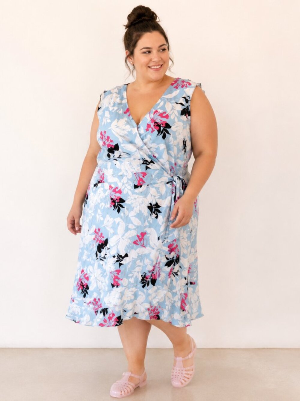 W Lane Frill Fern Dress Blue Pink Floral MIDI Faux Wrap Tie Waist SZ 20 NWT